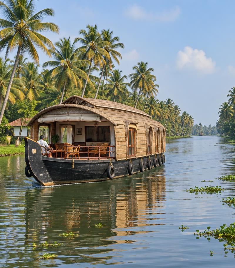 Houseboat on the palm-lined backwaters of Alleppey, Kerala