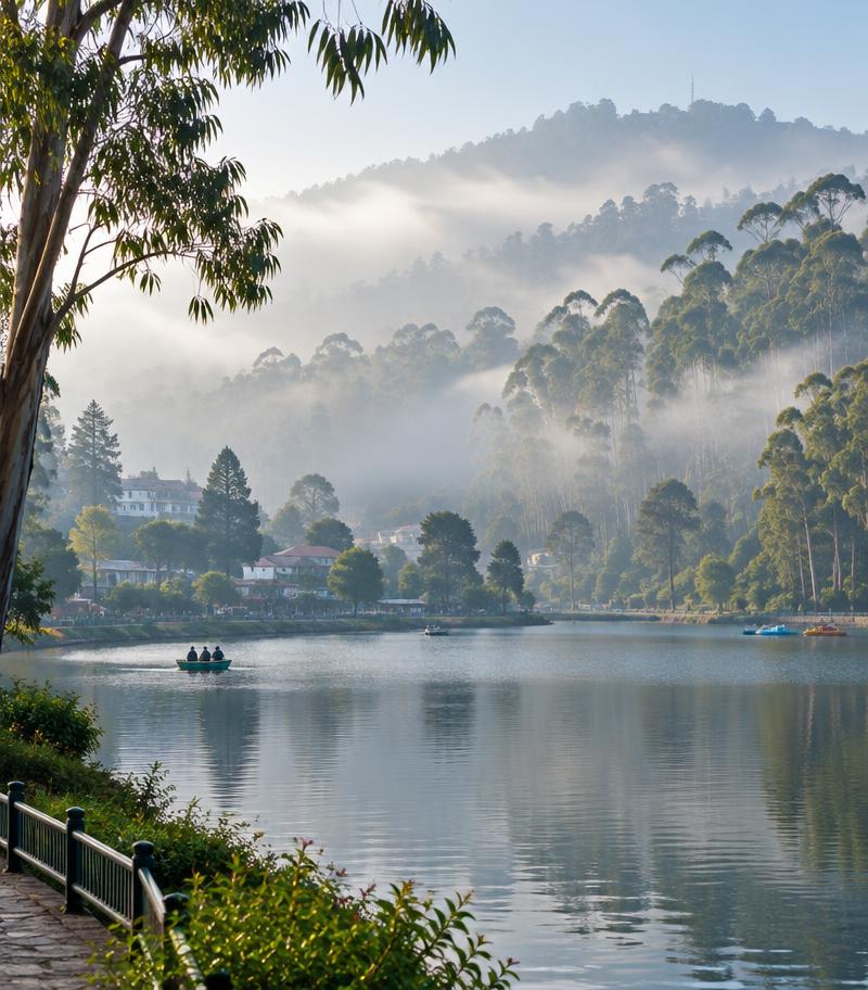 Kodaikanal lake and misty eucalyptus hills