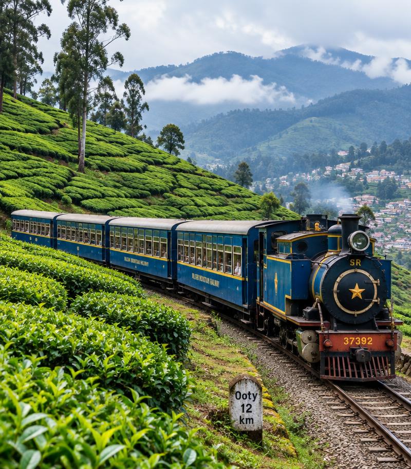 Nilgiri mountain train passing green tea slopes near Ooty