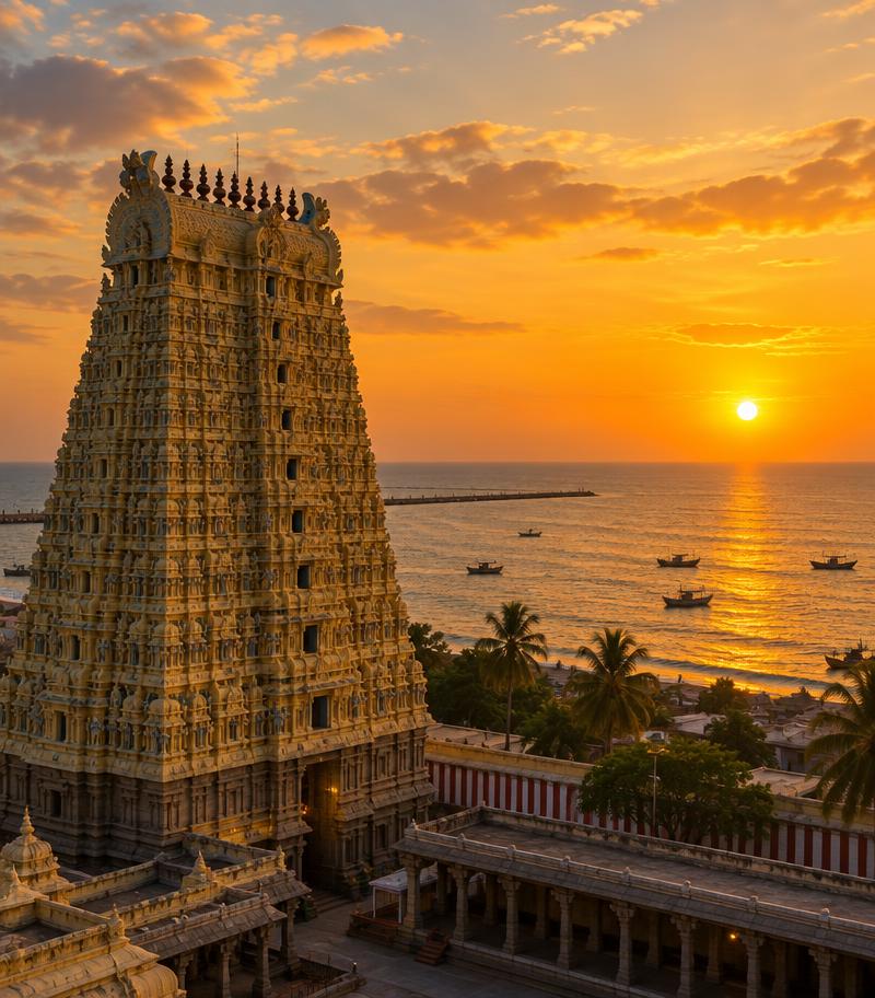 Rameswaram temple gopuram beside the sea at golden hour